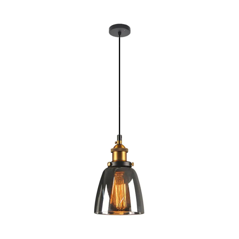 Rustic Brass Single-Bulb Bell Pendulum Light With Clear Amber And Smoke Grey Glass - Bedroom