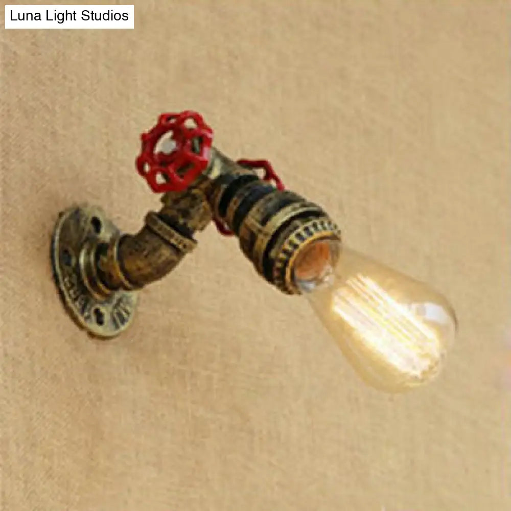 Rustic Bronze/Antique Brass Open Bulb Wall Sconce With Red Valve Decoration