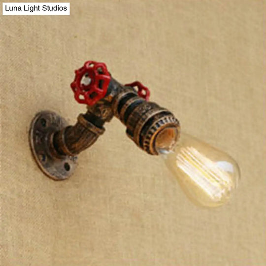 Rustic Bronze/Antique Brass Open Bulb Wall Sconce With Red Valve Decoration