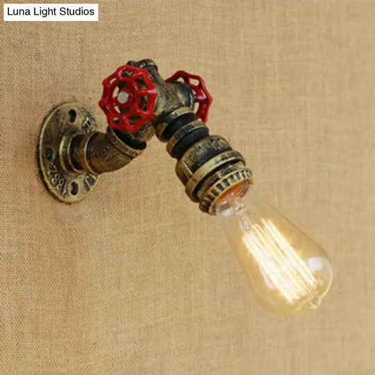 Rustic Bronze/Antique Brass Open Bulb Wall Sconce With Red Valve Decoration