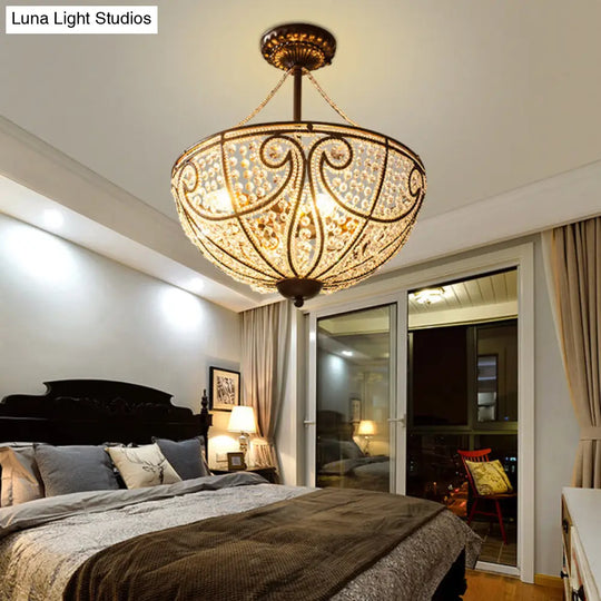 Rustic Bronze Bowl Crystal Ceiling Light - Semi Flush Mount For Bedroom