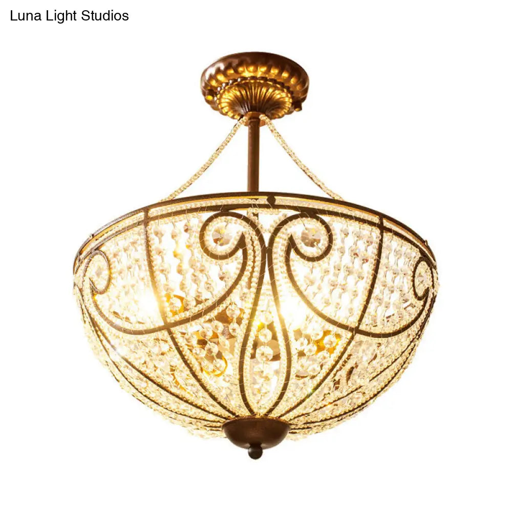 Rustic Bronze Bowl Crystal Ceiling Light - Semi Flush Mount For Bedroom