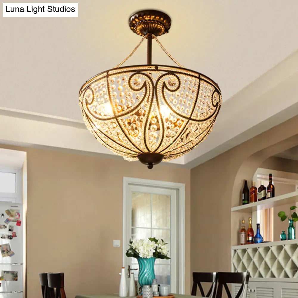 Rustic Bronze Bowl Crystal Ceiling Light - Semi Flush Mount For Bedroom