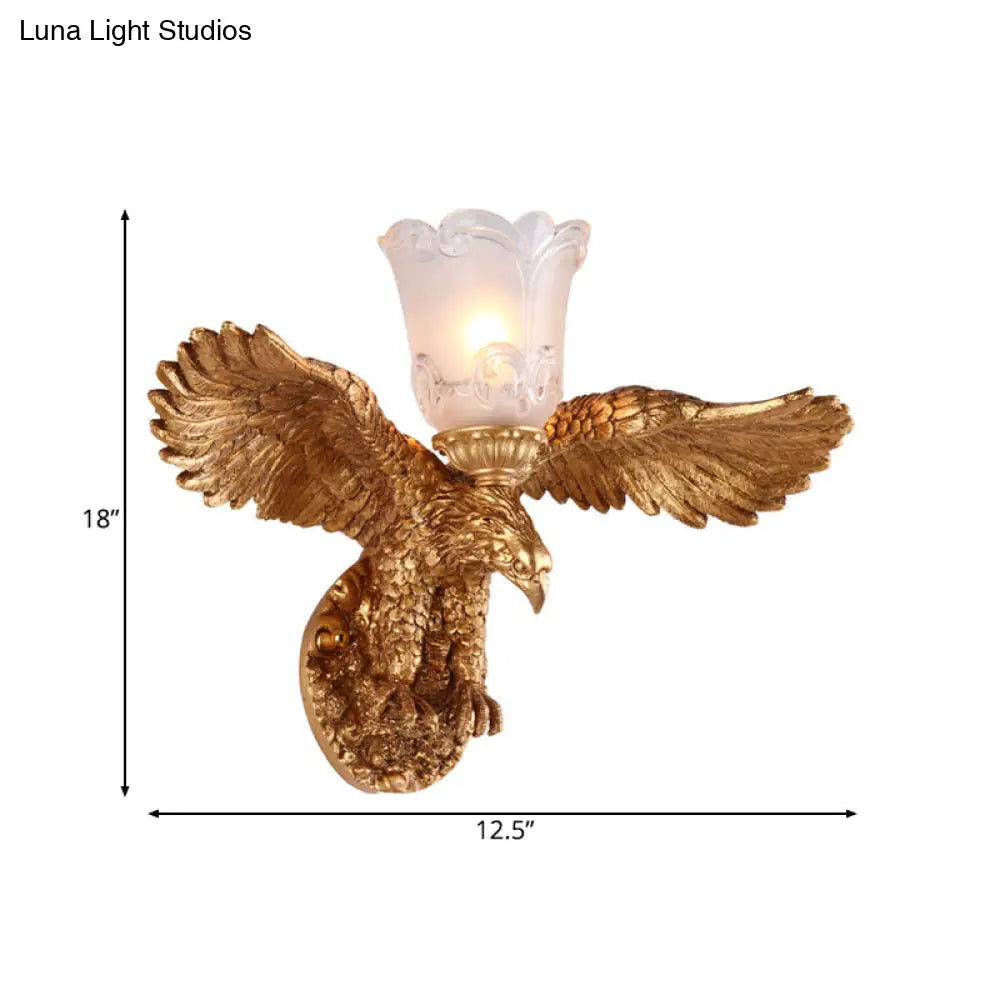 Rustic Bronze Eagle Indoor Wall Lamp With Flared Frosted Glass Shade - 1-Light Metal Sconce Fixture