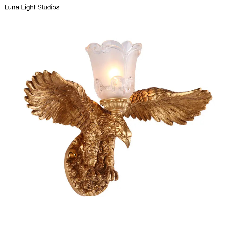 Rustic Bronze Eagle Indoor Wall Lamp With Flared Frosted Glass Shade - 1-Light Metal Sconce Fixture