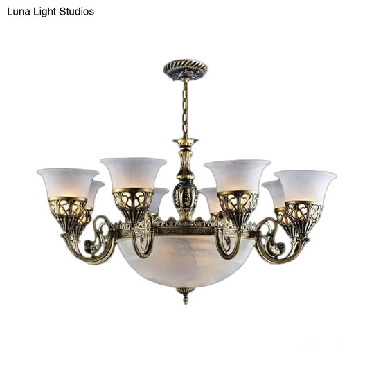 Frosted White Glass Hanging Lamp - Rustic Bronze Dining Room Chandelier With 11 Lights