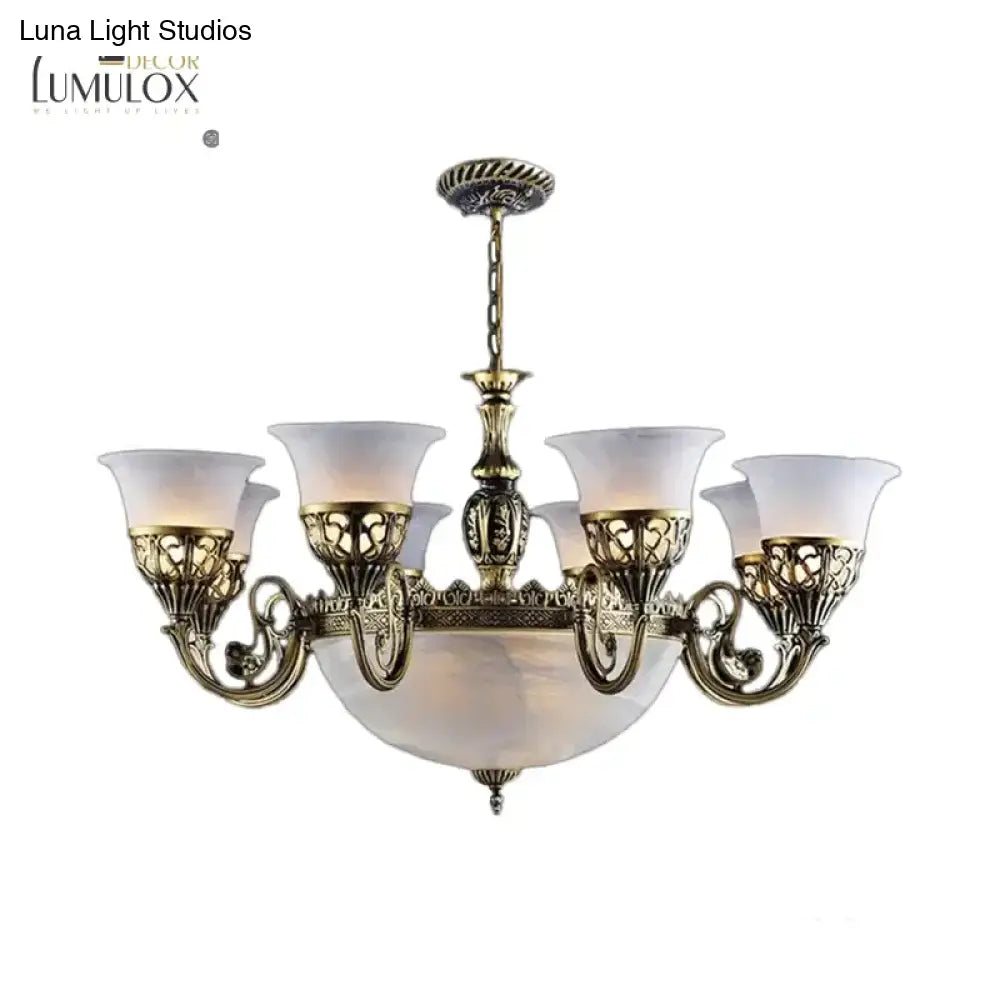 Rustic Bronze Frosted White Glass 11 Lights Hanging Light Chandelier