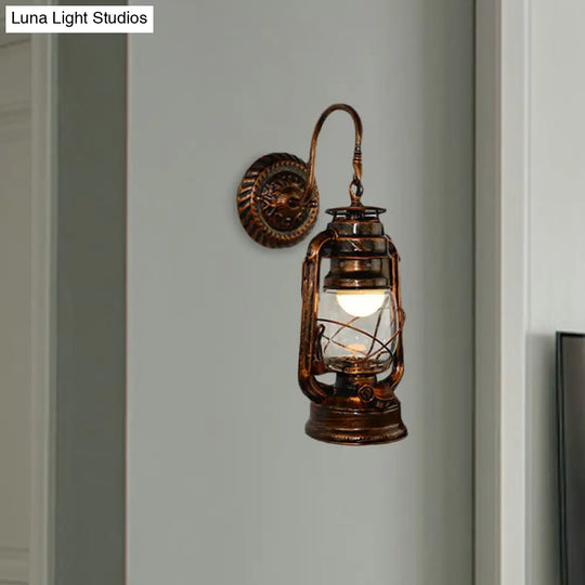 Rustic Bronze Kerosene Wall Mounted Light Fixture With Clear Glass - Perfect For Corridor Lighting