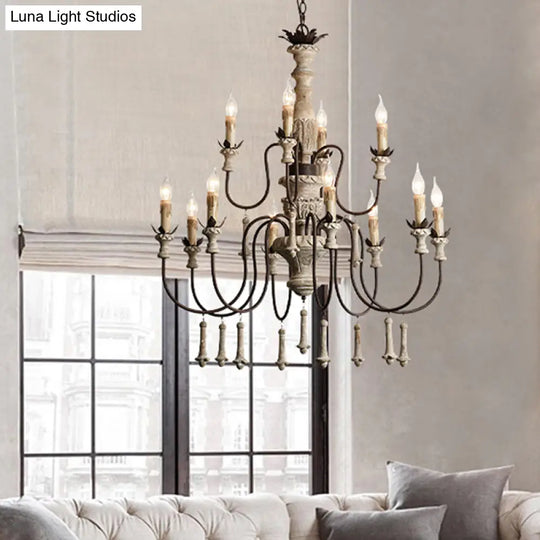 Rustic Brown 2-Tier Wood Chandelier Pendant Light - 12 Heads Curved Metal Arm For Living Room