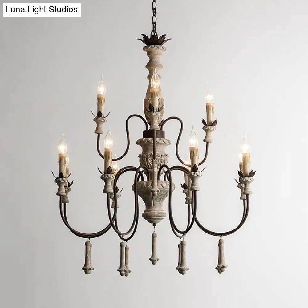 Rustic Brown 2-Tier Wood Chandelier Pendant Light - 12 Heads Curved Metal Arm For Living Room