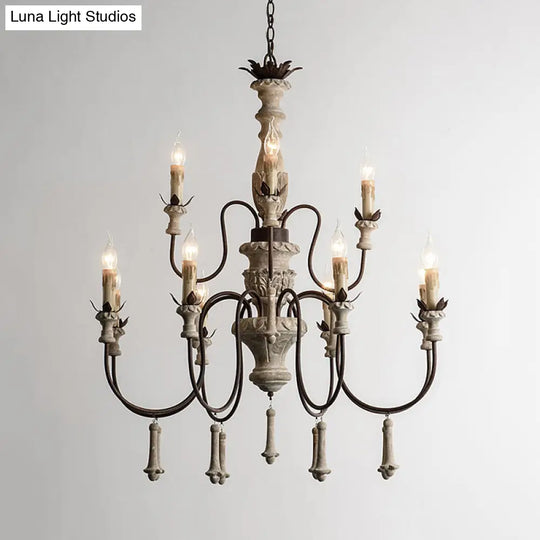 Rustic Brown 2-Tier Wood Chandelier Pendant Light - 12 Heads Curved Metal Arm For Living Room