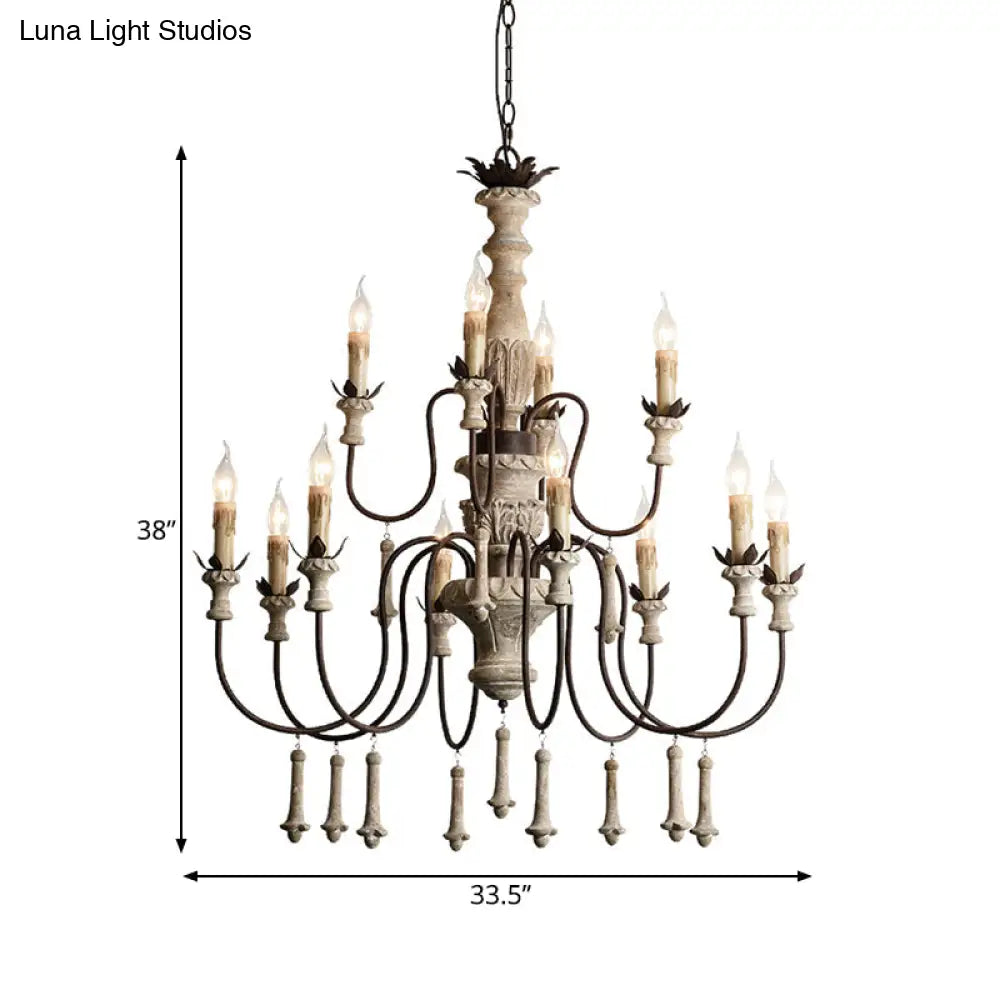 Rustic Brown 2-Tier Wood Chandelier Pendant Light - 12 Heads Curved Metal Arm For Living Room