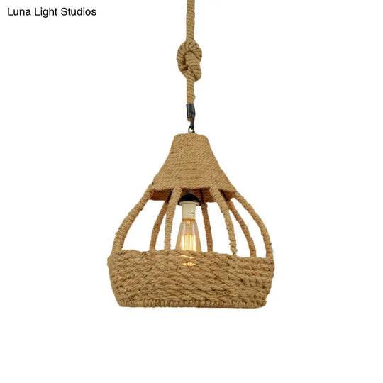 Rustic Brown Rope Dome Pendant Light For Country Balcony Suspension