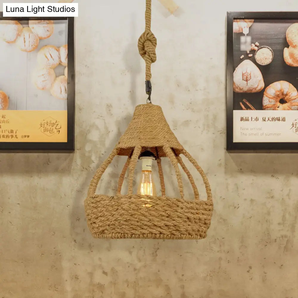 Rustic Brown Balcony Pendant Light Fixture With Rope Dome Shade - Country Style Suspension