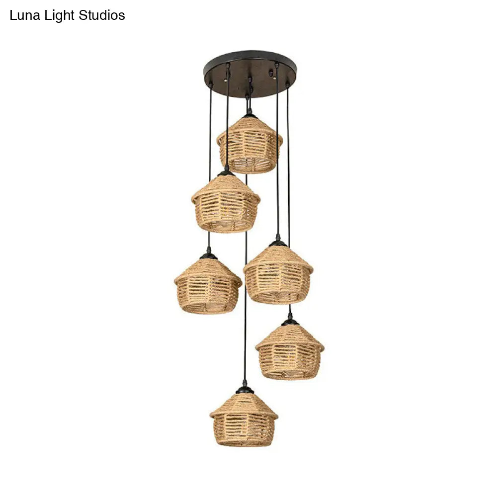 Rustic Brown Barn Pendant Lamp With Rope Cluster - 3/6 Lights Round/Linear Canopy For Dining Room