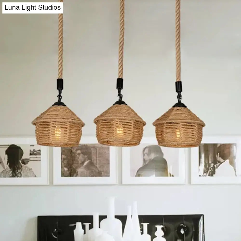 Rustic Brown Barn Pendant Lamp Cluster – Rural Rope Design 3/6 Lights Ceiling Suspension