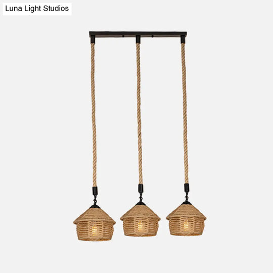 Rustic Brown Barn Pendant Lamp Cluster – Rural Rope Design 3/6 Lights Ceiling Suspension