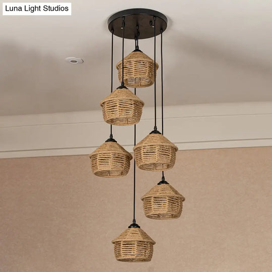 Rustic Brown Barn Pendant Lamp Cluster – Rural Rope Design 3/6 Lights Ceiling Suspension