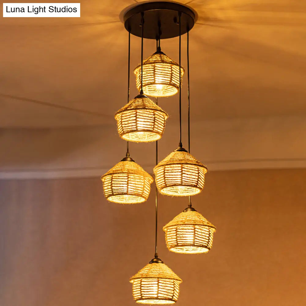 Rustic Brown Barn Pendant Lamp With Rope Cluster - 3/6 Lights Round/Linear Canopy For Dining Room