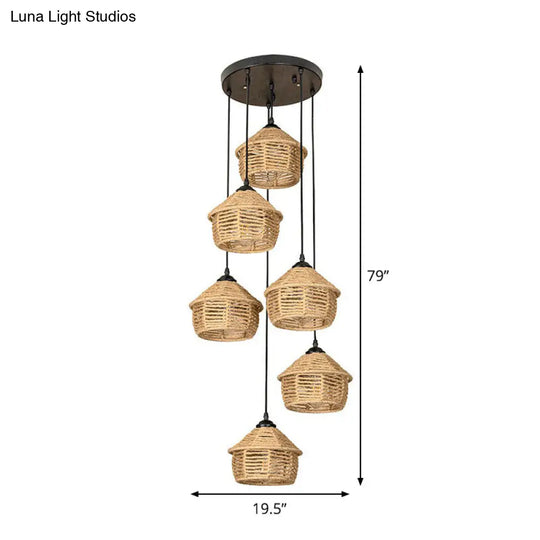 Rustic Brown Barn Pendant Lamp With Rope Cluster - 3/6 Lights Round/Linear Canopy For Dining Room