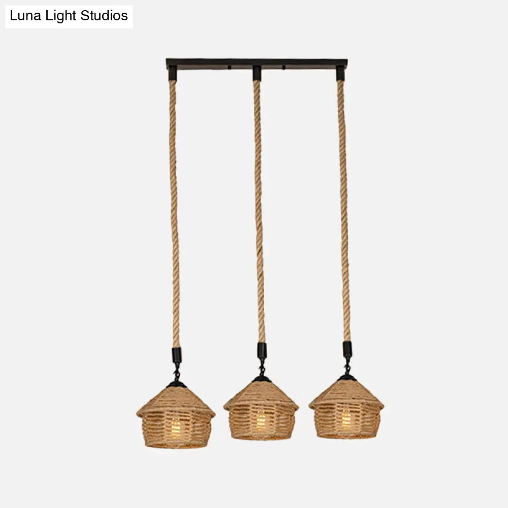 Rustic Brown Barn Pendant Lamp With Rope Cluster - 3/6 Lights Round/Linear Canopy For Dining Room