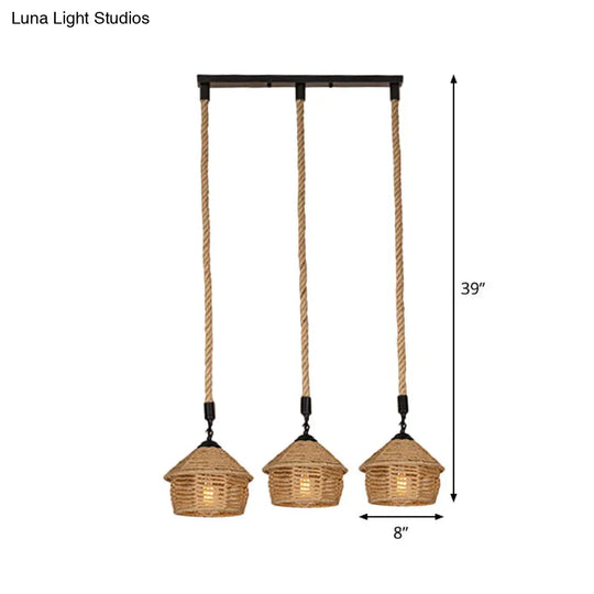 Rustic Brown Barn Pendant Lamp With Rope Cluster - 3/6 Lights Round/Linear Canopy For Dining Room