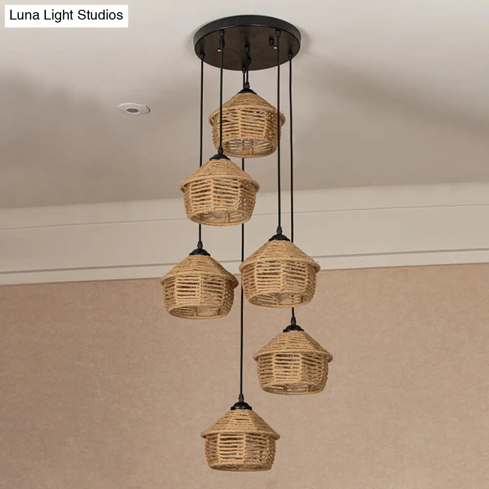 Rustic Brown Barn Pendant Lamp With Rope Cluster - 3/6 Lights Round/Linear Canopy For Dining Room