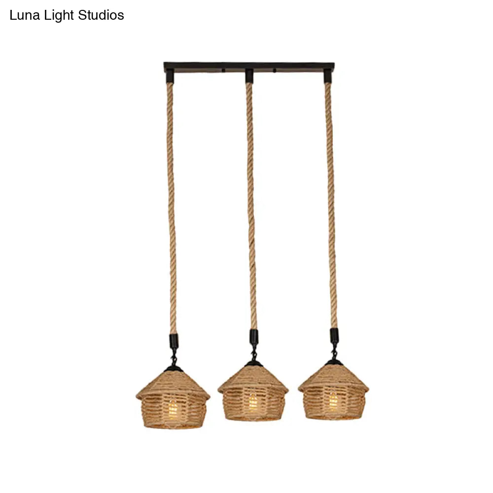 Rustic Brown Barn Pendant Lamp Cluster – Rural Rope Design 3/6 Lights Ceiling Suspension