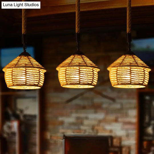 Rustic Brown Barn Pendant Lamp With Rope Cluster - 3/6 Lights Round/Linear Canopy For Dining Room