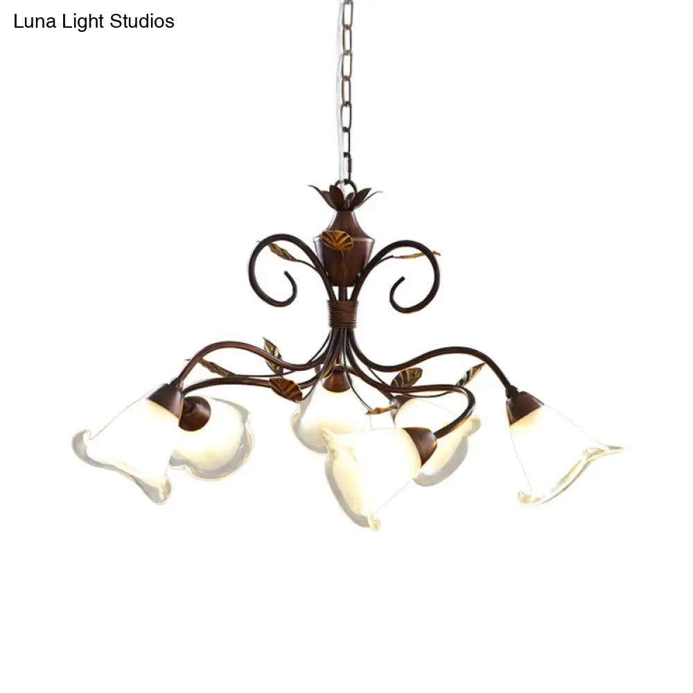 Rustic Brown Bell Opal Glass Shade Chandelier - 6-Light Bedroom Pendant Lighting