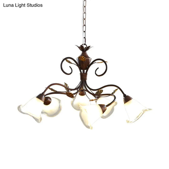 Rustic Brown Bell Opal Glass Shade Chandelier - 6-Light Bedroom Pendant Lighting