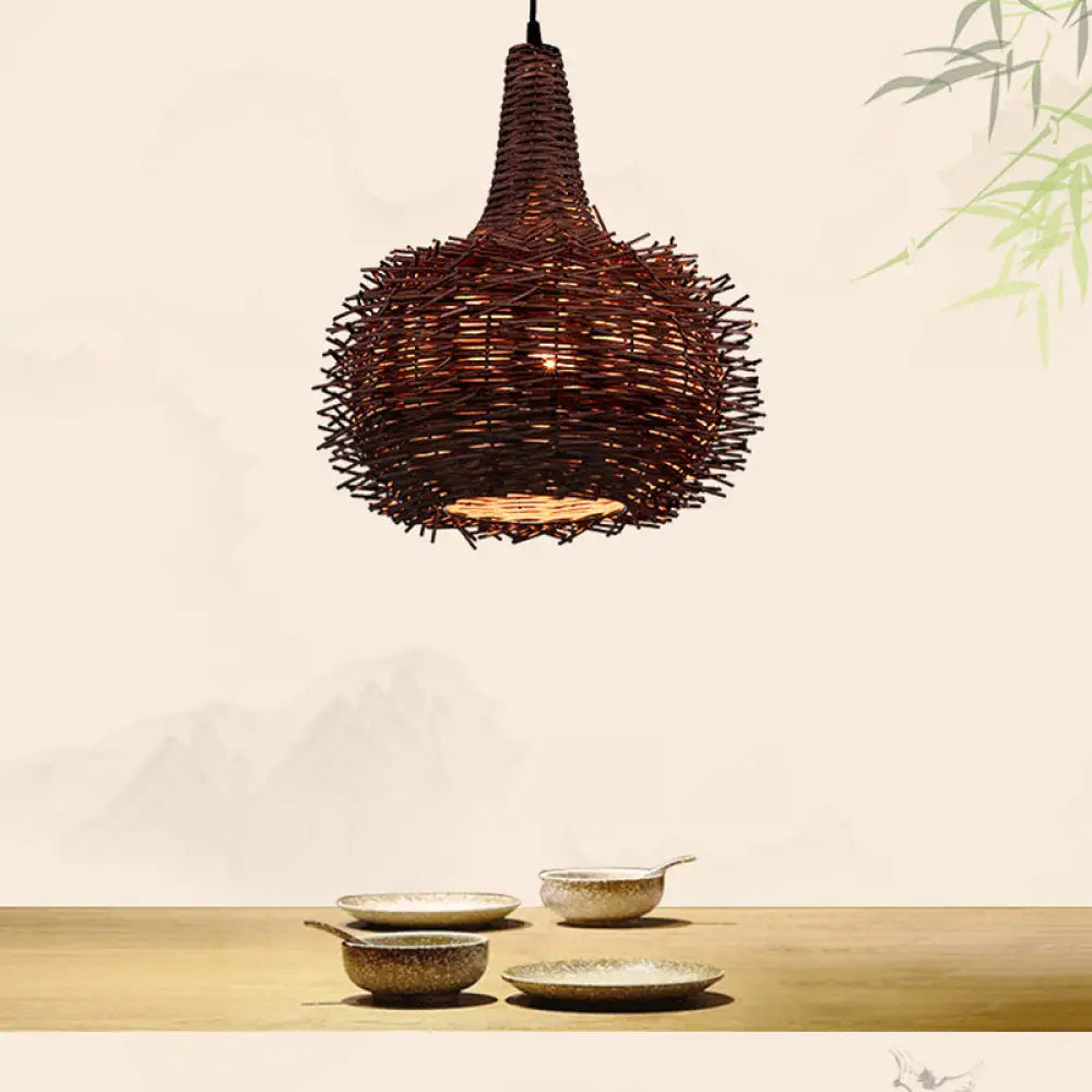 Rustic Brown Bird Nest Pendant Light With Bamboo Suspension For Living Room And Tea House