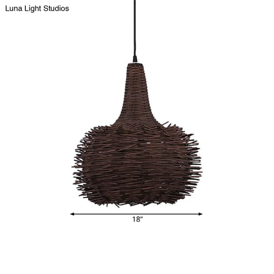 Rustic Brown Bird Nest Pendant Light With Bamboo Suspension For Living Room And Tea House