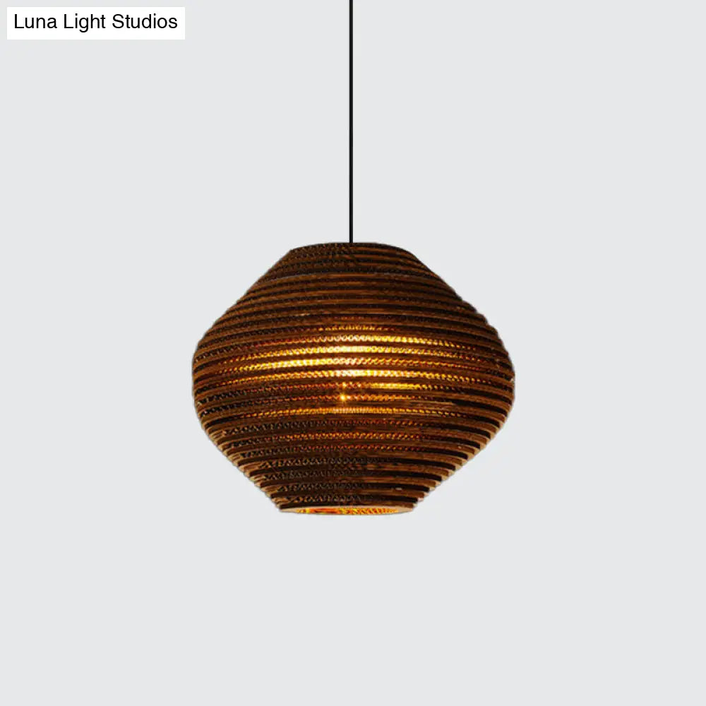 Rustic Brown Bistro Pendant Lighting With Geometric/Cylinder/Bellied Corrugated Paper Shade