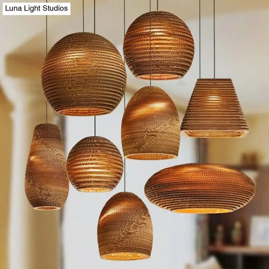 Rustic Brown Bistro Pendant Lighting With Geometric/Cylinder/Bellied Corrugated Paper Shade