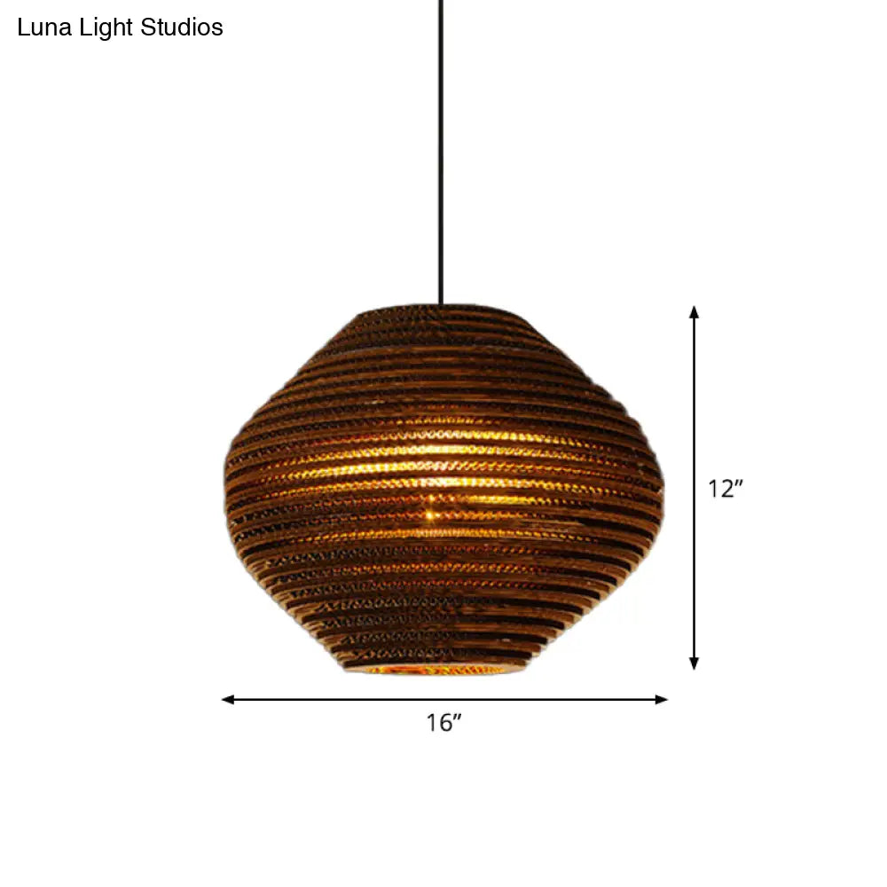 Rustic Brown Bistro Pendant Lighting With Geometric/Cylinder/Bellied Corrugated Paper Shade