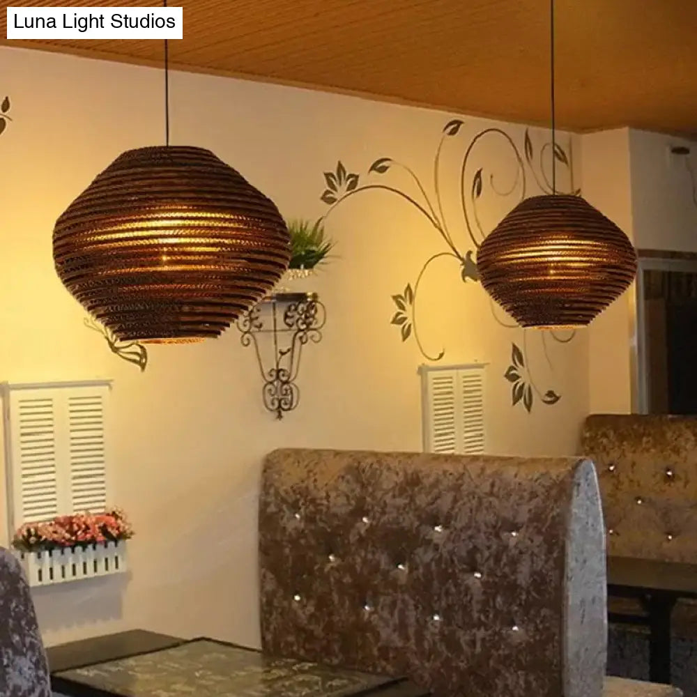 Rustic Brown Bistro Pendant Lighting With Geometric/Cylinder/Bellied Corrugated Paper Shade