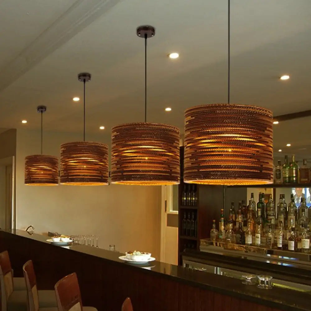 Rustic Brown Bistro Pendant Lighting With Geometric/Cylinder/Bellied Corrugated Paper Shade / A