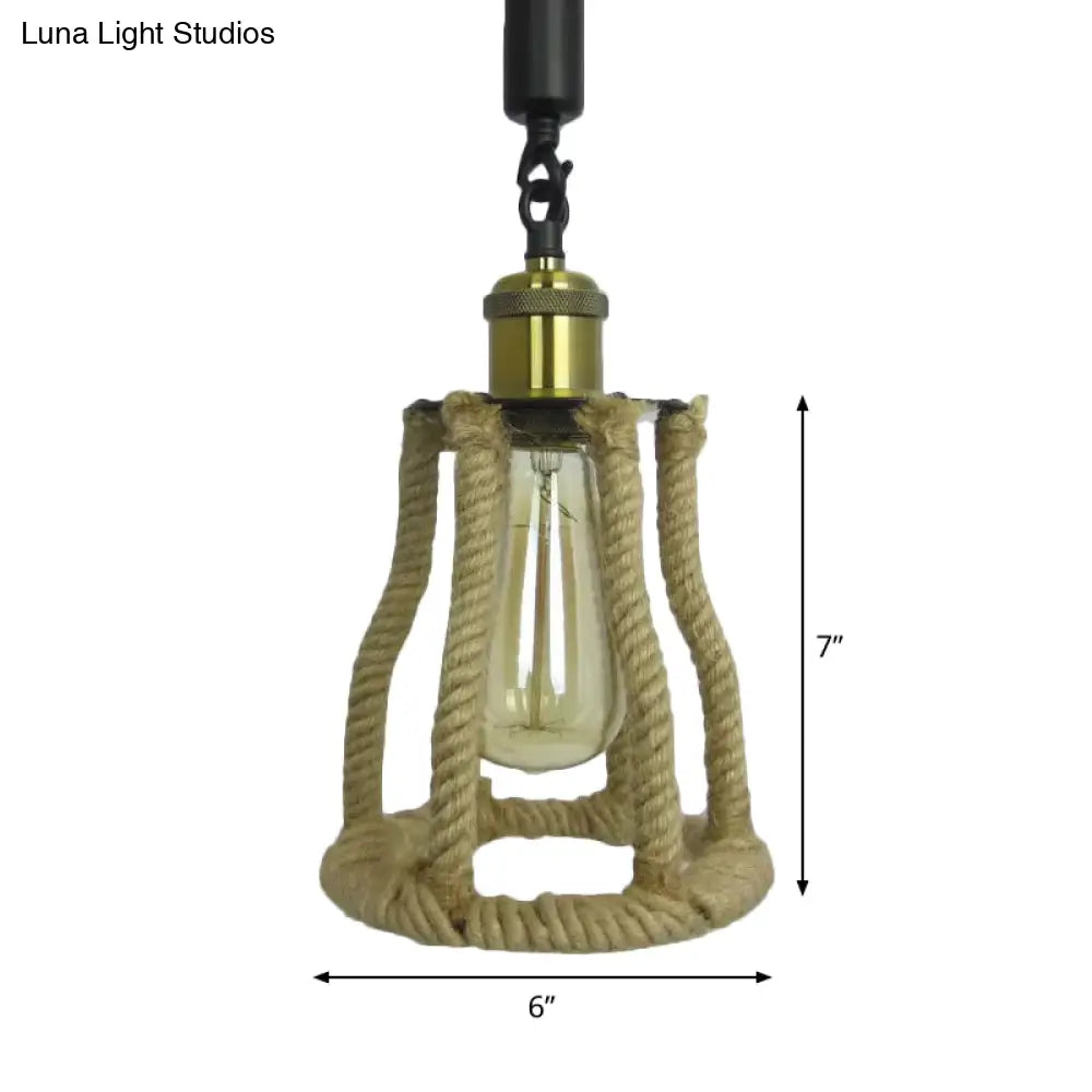 Rustic Brown Cage Pendant: 1-Bulb Natural Fiber Rope Suspension Lighting For Sitting Rooms
