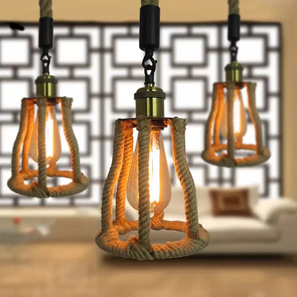 Rustic Brown Cage Pendant: 1-Bulb Natural Fiber Rope Suspension Lighting For Sitting Rooms