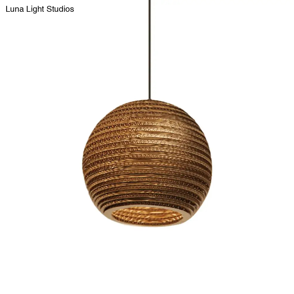 Rustic Brown Hanging Pendant Light Fixture For Dining Room - Globe/Oval/Vase Corrugated Paper Design