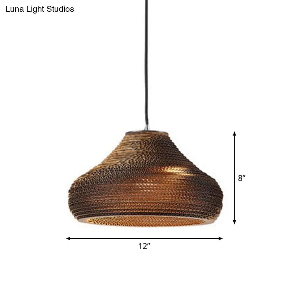 Rustic Brown Corrugated Paper Pendant Light For Dining Room - Globe/Oval/Vase Design