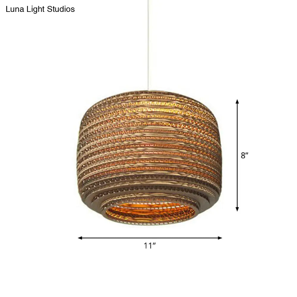 Rustic Brown Corrugated Paper Pendant Light For Dining Room - Globe/Oval/Vase Design