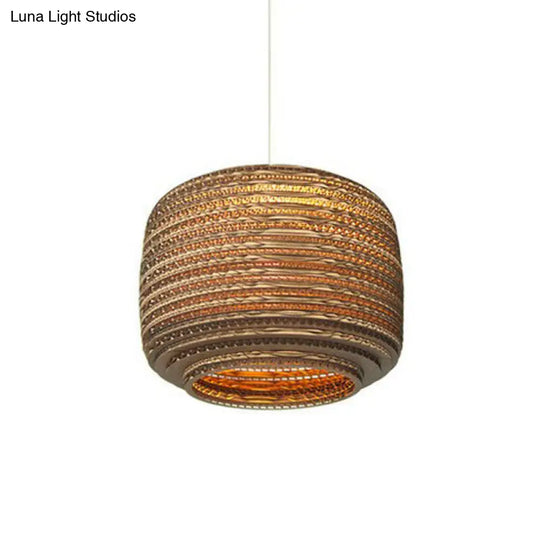 Rustic Brown Hanging Pendant Light Fixture For Dining Room - Globe/Oval/Vase Corrugated Paper Design