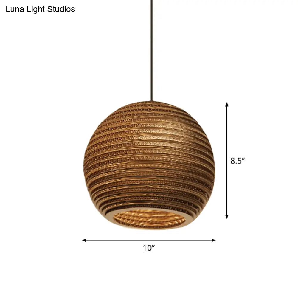 Rustic Brown Hanging Pendant Light Fixture For Dining Room - Globe/Oval/Vase Corrugated Paper Design