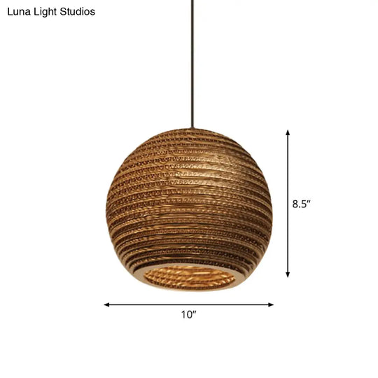 Rustic Brown Hanging Pendant Light Fixture For Dining Room - Globe/Oval/Vase Corrugated Paper Design