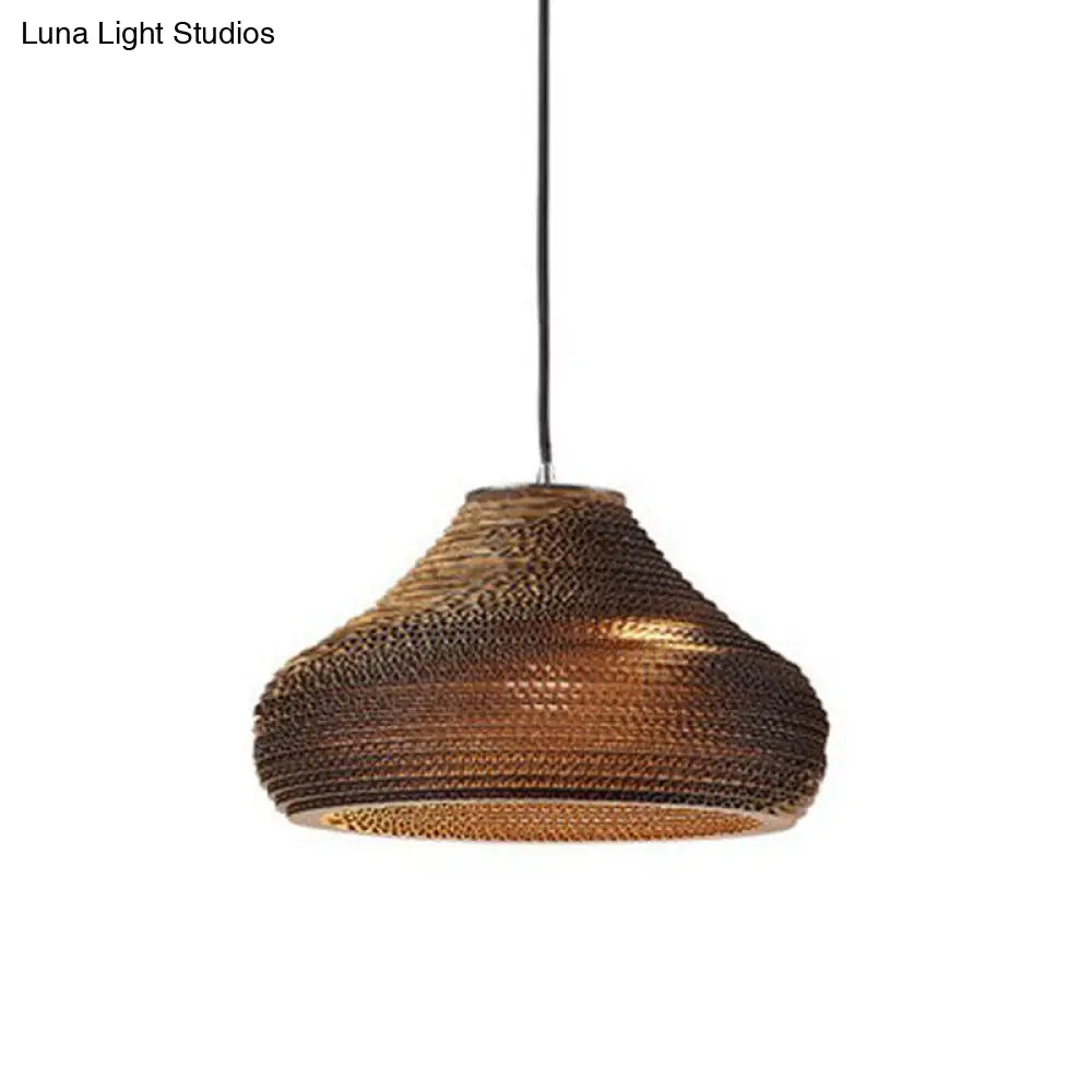 Rustic Brown Hanging Pendant Light Fixture For Dining Room - Globe/Oval/Vase Corrugated Paper Design