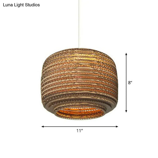 Rustic Brown Hanging Pendant Light Fixture For Dining Room - Globe/Oval/Vase Corrugated Paper Design