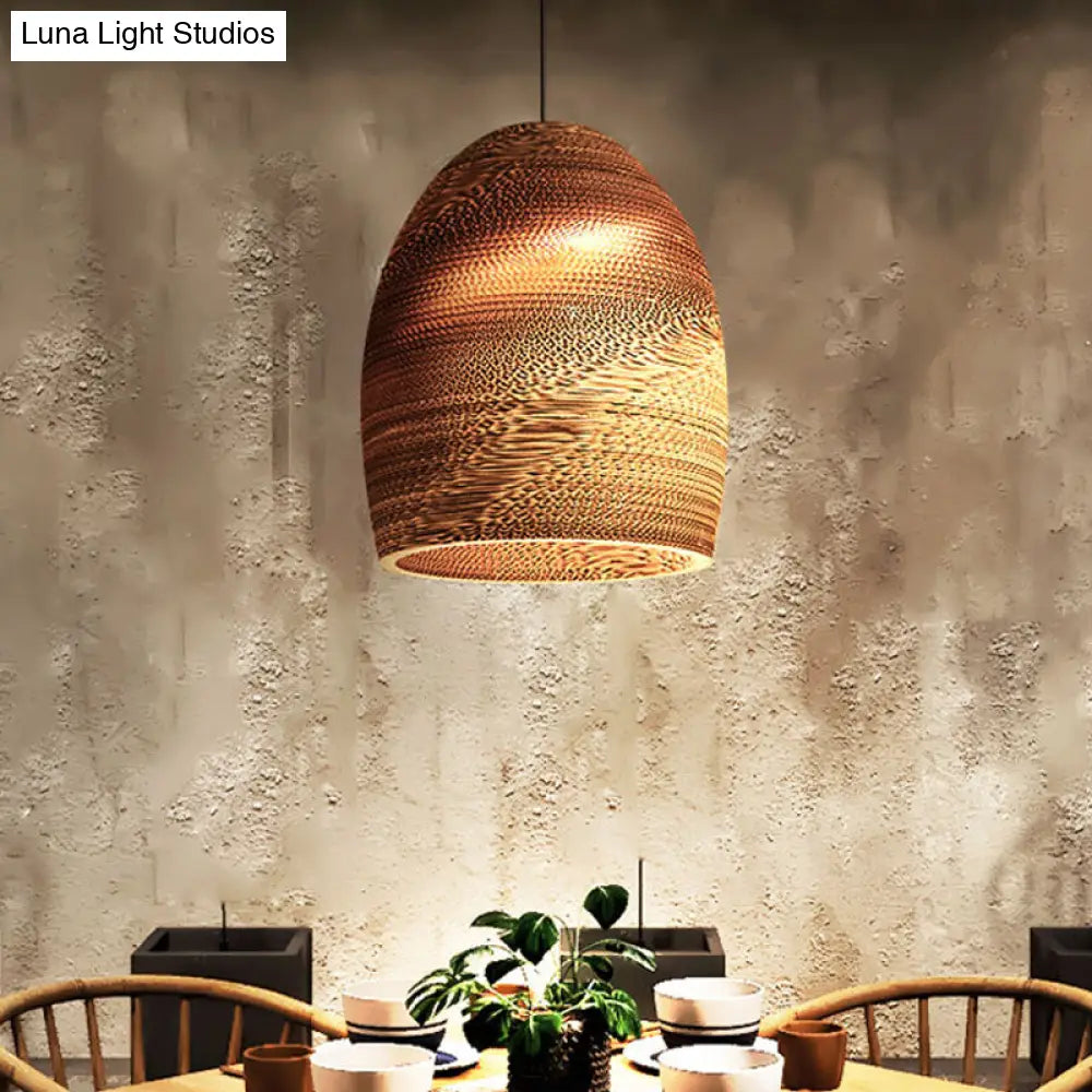 Rustic Brown Hanging Pendant Light Fixture For Dining Room - Globe/Oval/Vase Corrugated Paper Design