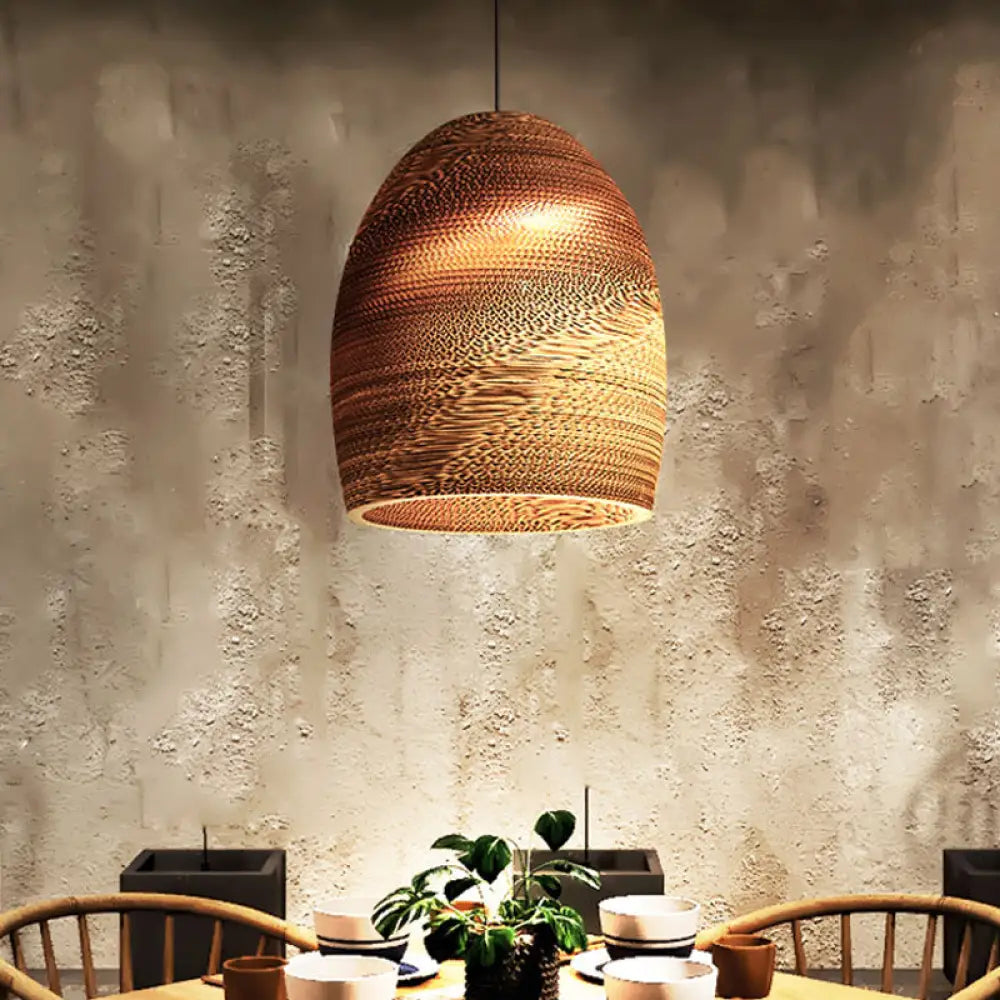 Rustic Brown Corrugated Paper Pendant Light For Dining Room - Globe/Oval/Vase Design / Cylinder